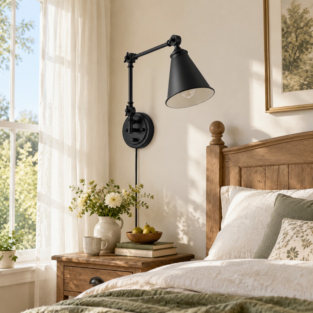 Black swing-arm sconce beside a bed in daylight