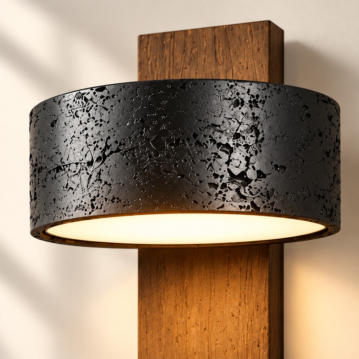 Close view of the pitted black travertine shade against walnut