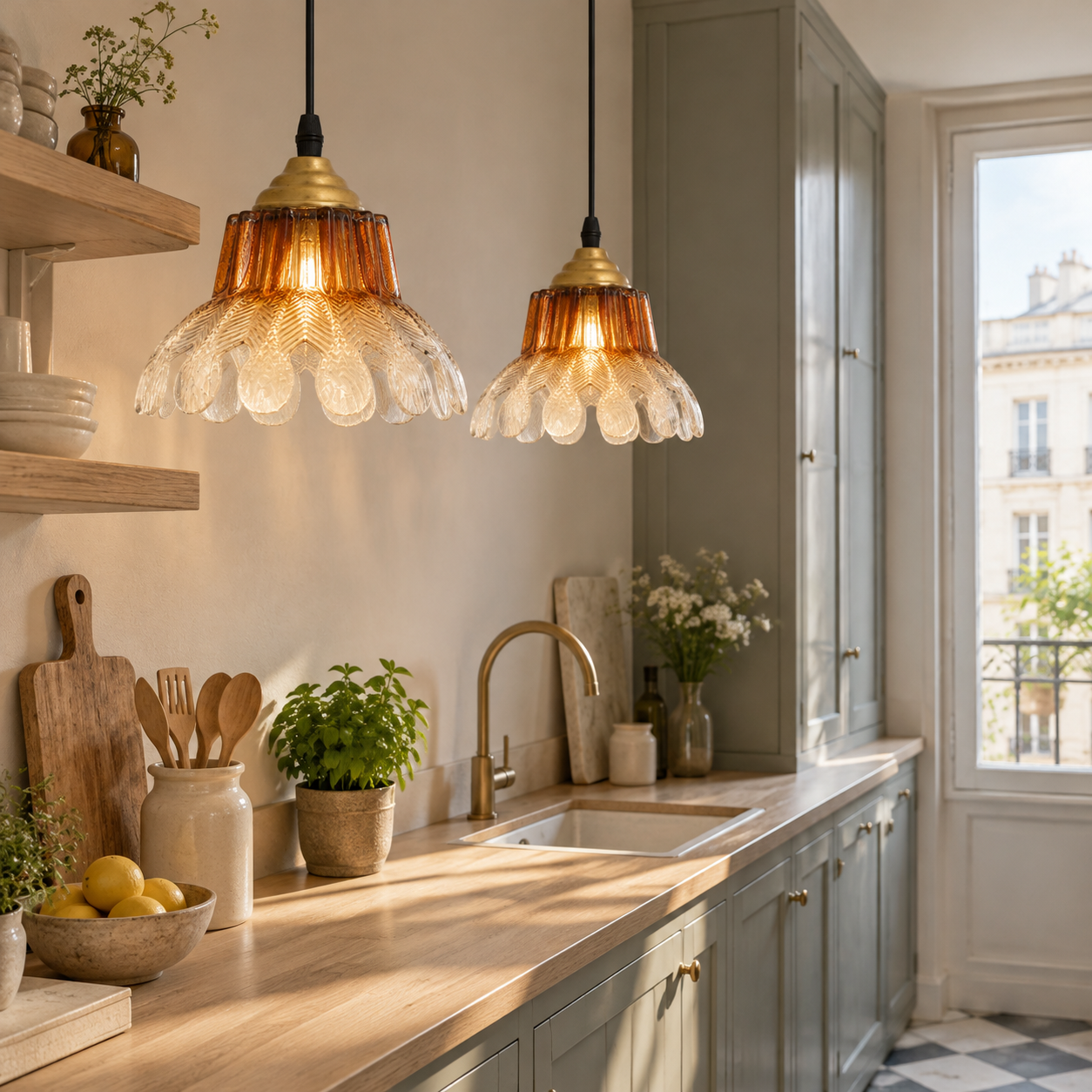 Two separate amber gradient flower pendants above a counter