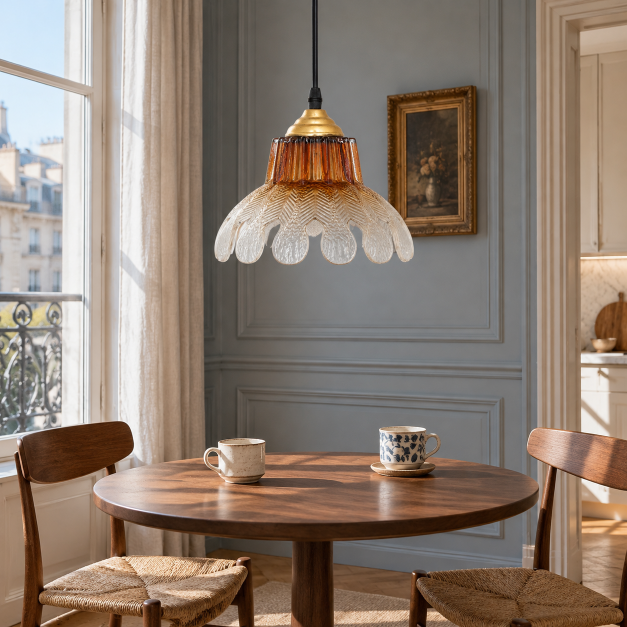 Unlit amber gradient fluted glass flower pendant in a small dining area