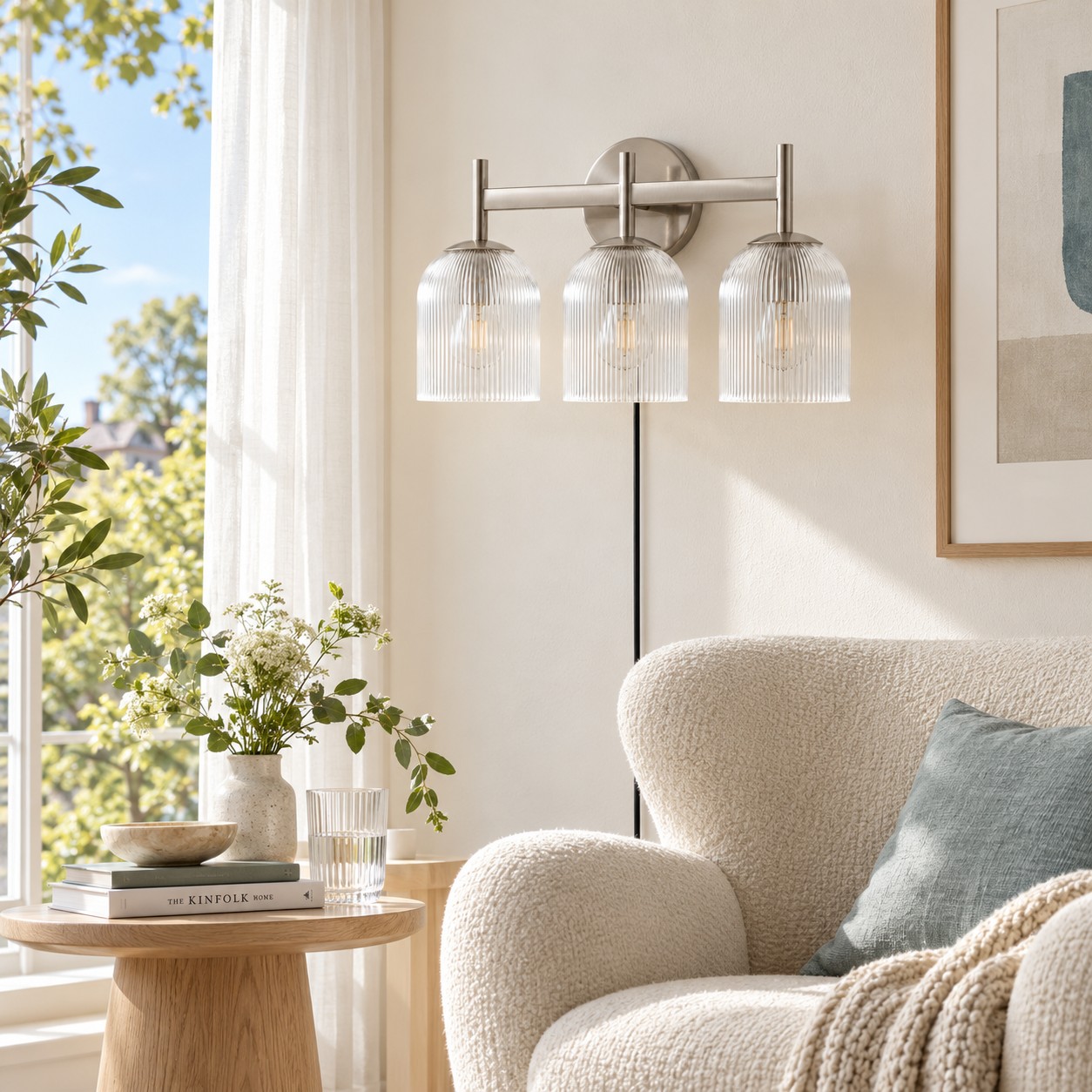 Chrome three-light ribbed-glass bar above a living-room sofa