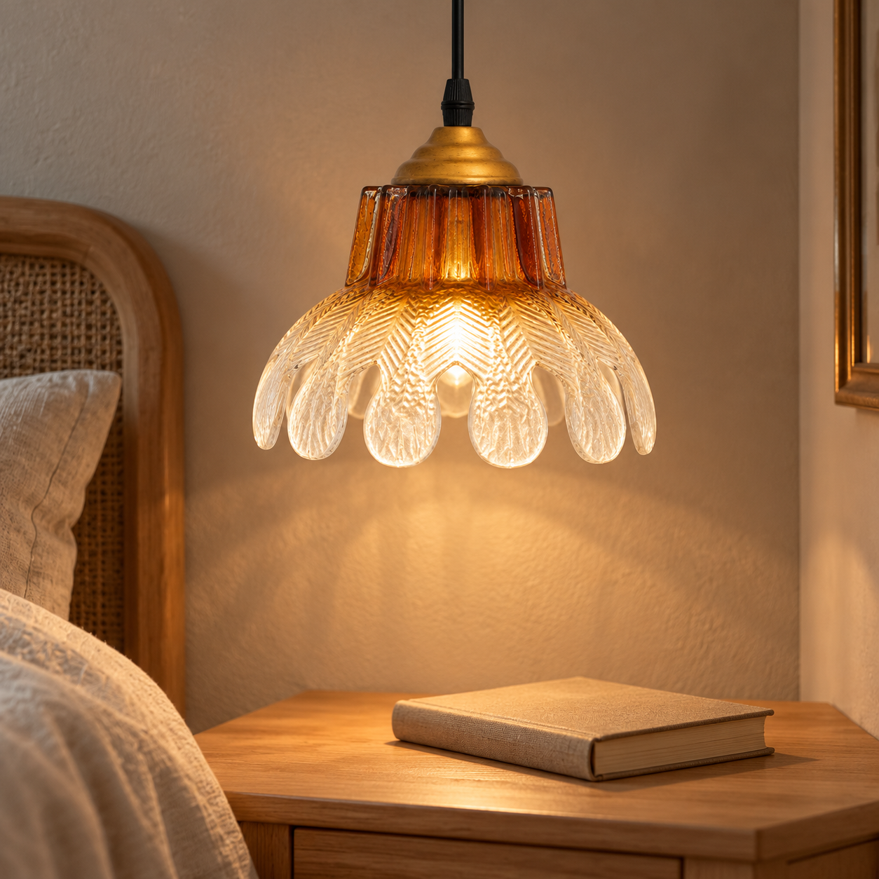 Amber gradient fluted glass flower pendant above a bedside table