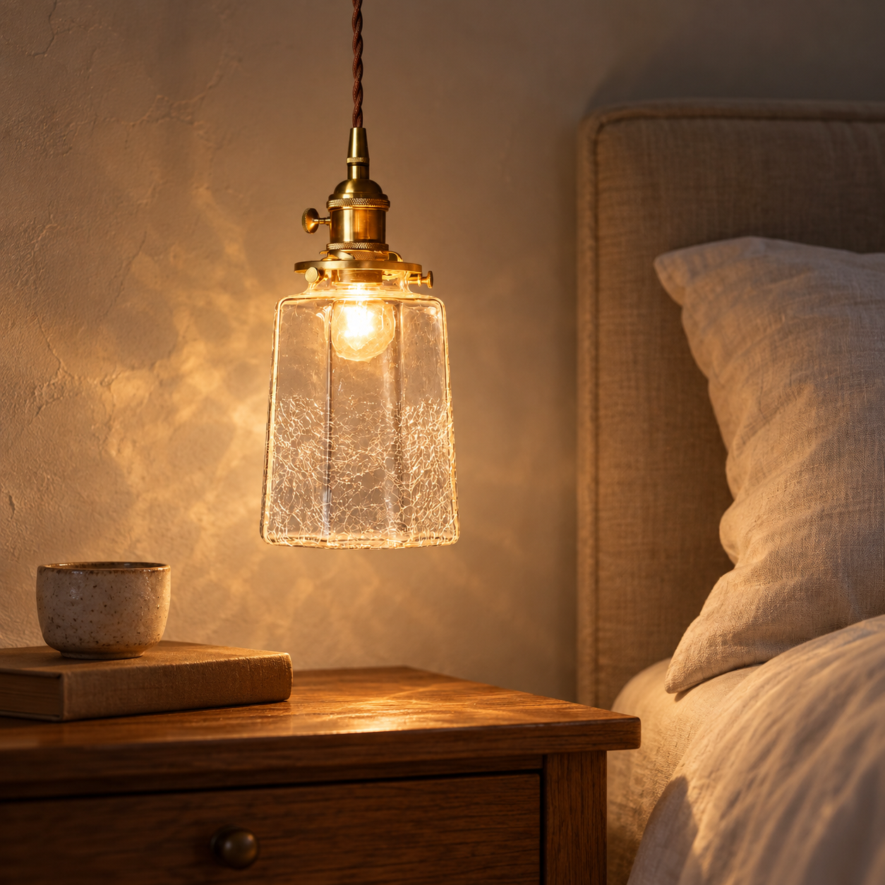 Japońska lampa wisząca vintage z krakelurowego szkła i mosiądzu na stolik nocny