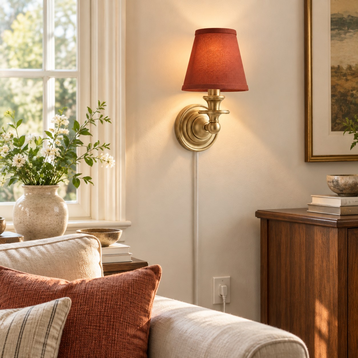 Sconce da parete Rowan senza fili con paralume piatto a tamburo - Lampada da parete in tessuto plug-in