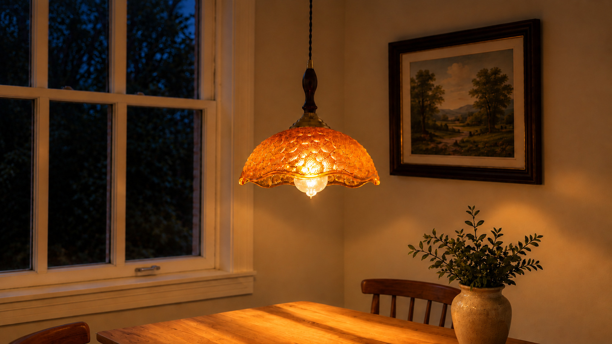 Amber dining nook, night, lamp on