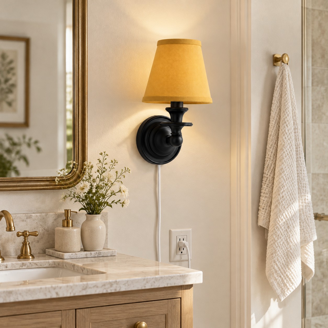 Sconce da parete Rowan senza fili con paralume piatto a tamburo - Lampada da parete in tessuto plug-in