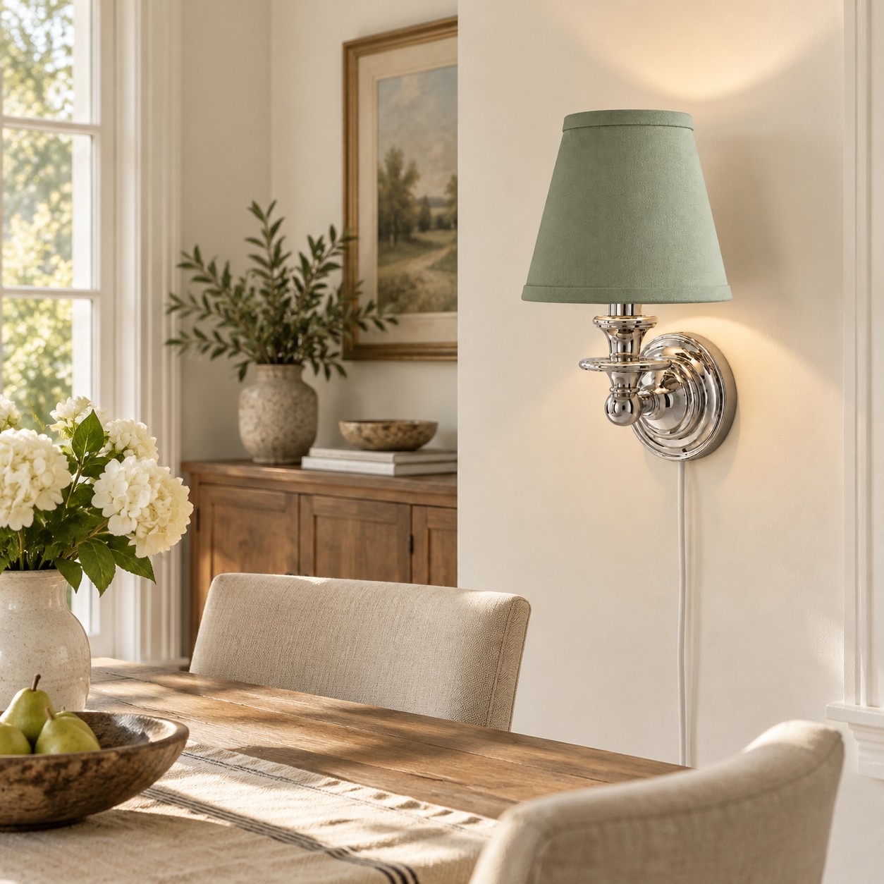Sconce da parete Rowan senza fili con paralume piatto a tamburo - Lampada da parete in tessuto plug-in