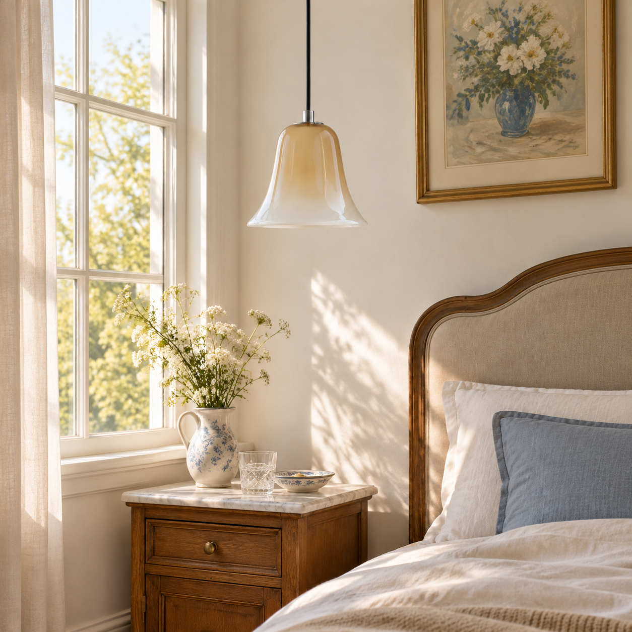 Latte Beige gradient glass pendant in a bedroom