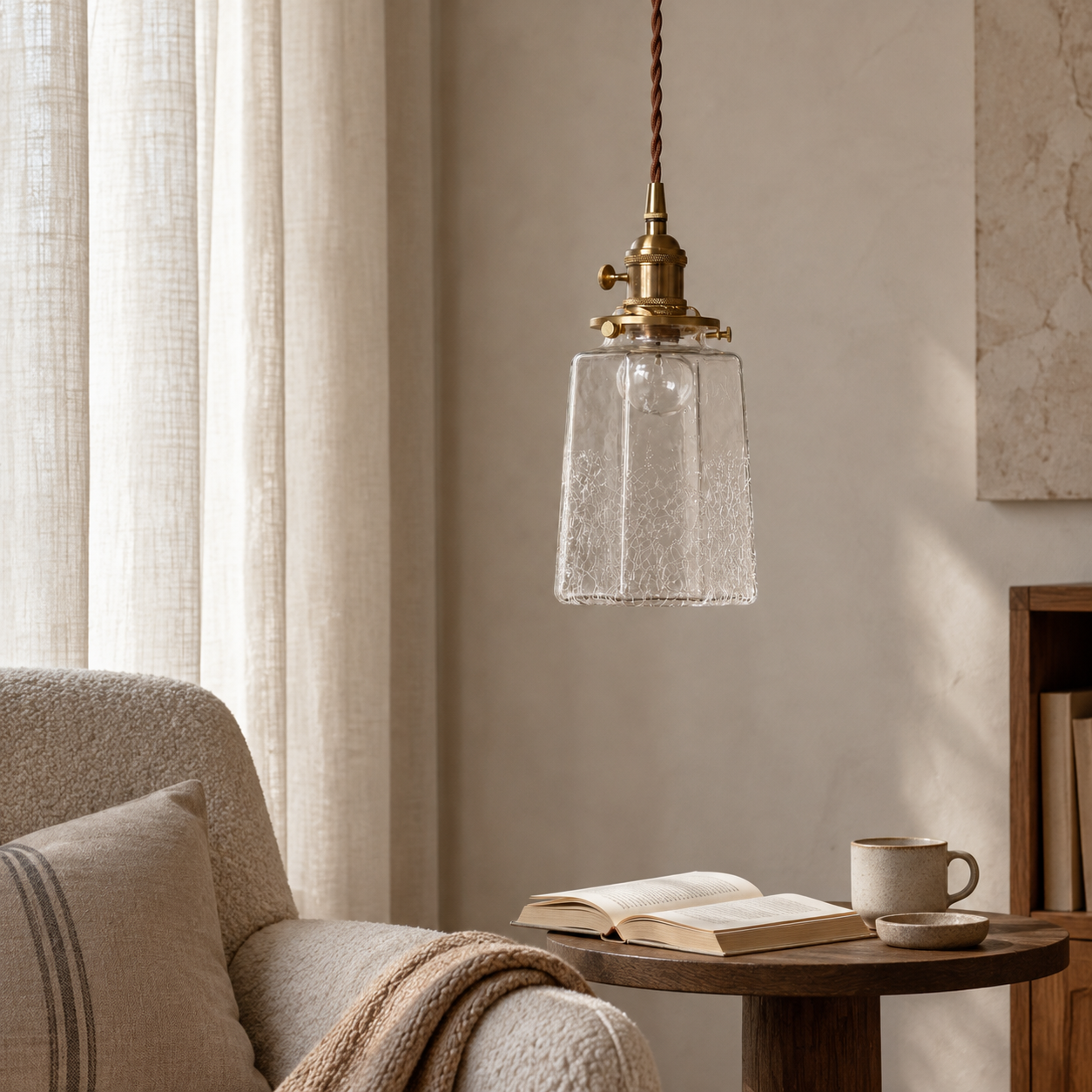 Japońska lampa wisząca vintage z krakelurowego szkła i mosiądzu na stolik nocny