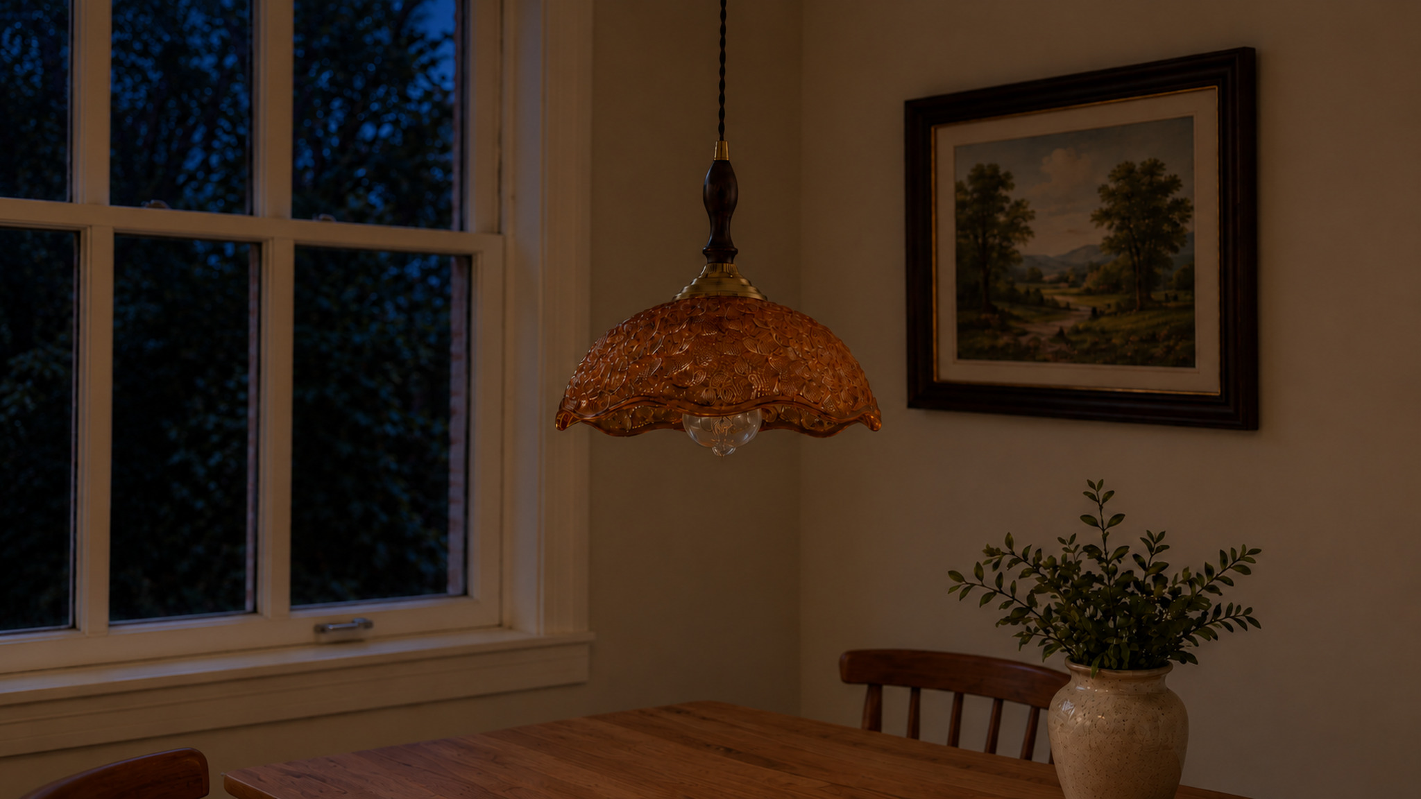 Amber dining nook, night, lamp off