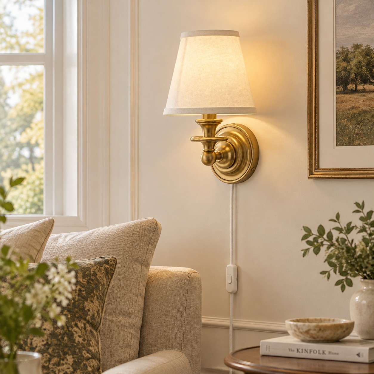 Sconce da parete Rowan senza fili con paralume piatto a tamburo - Lampada da parete in tessuto plug-in