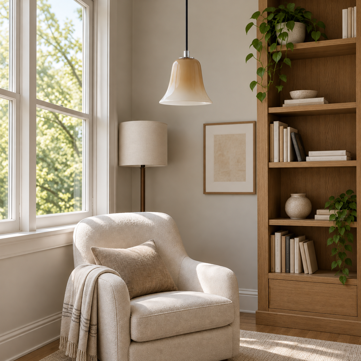 Latte Beige gradient glass pendant in a reading corner