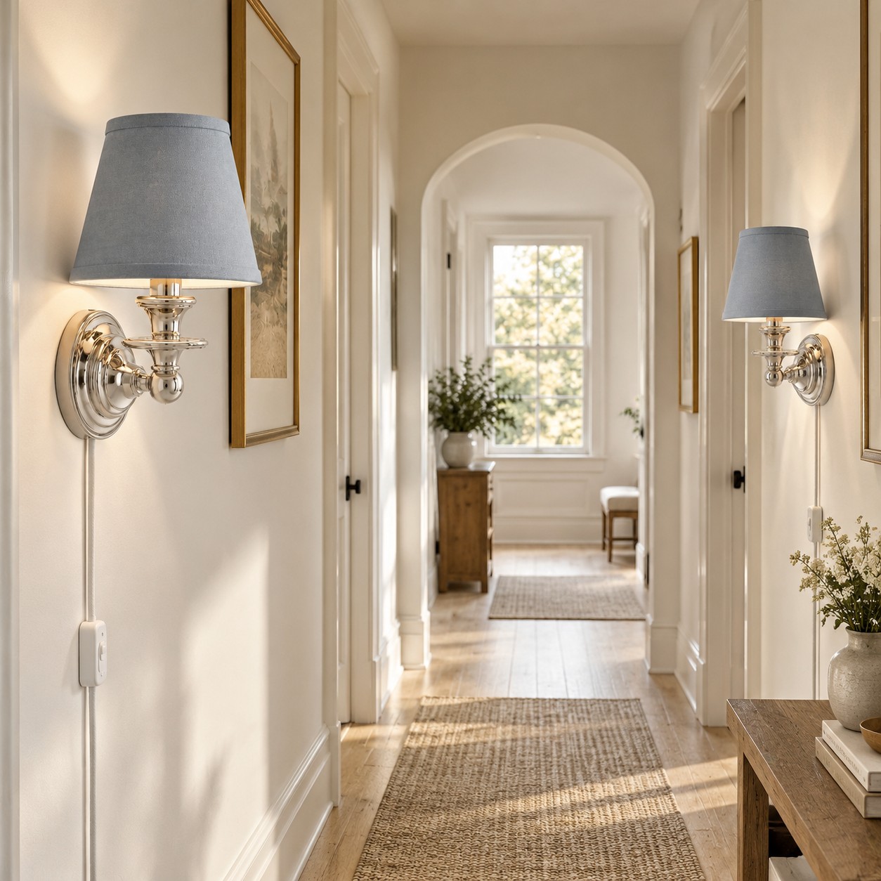 Sconce da parete Rowan senza fili con paralume piatto a tamburo - Lampada da parete in tessuto plug-in