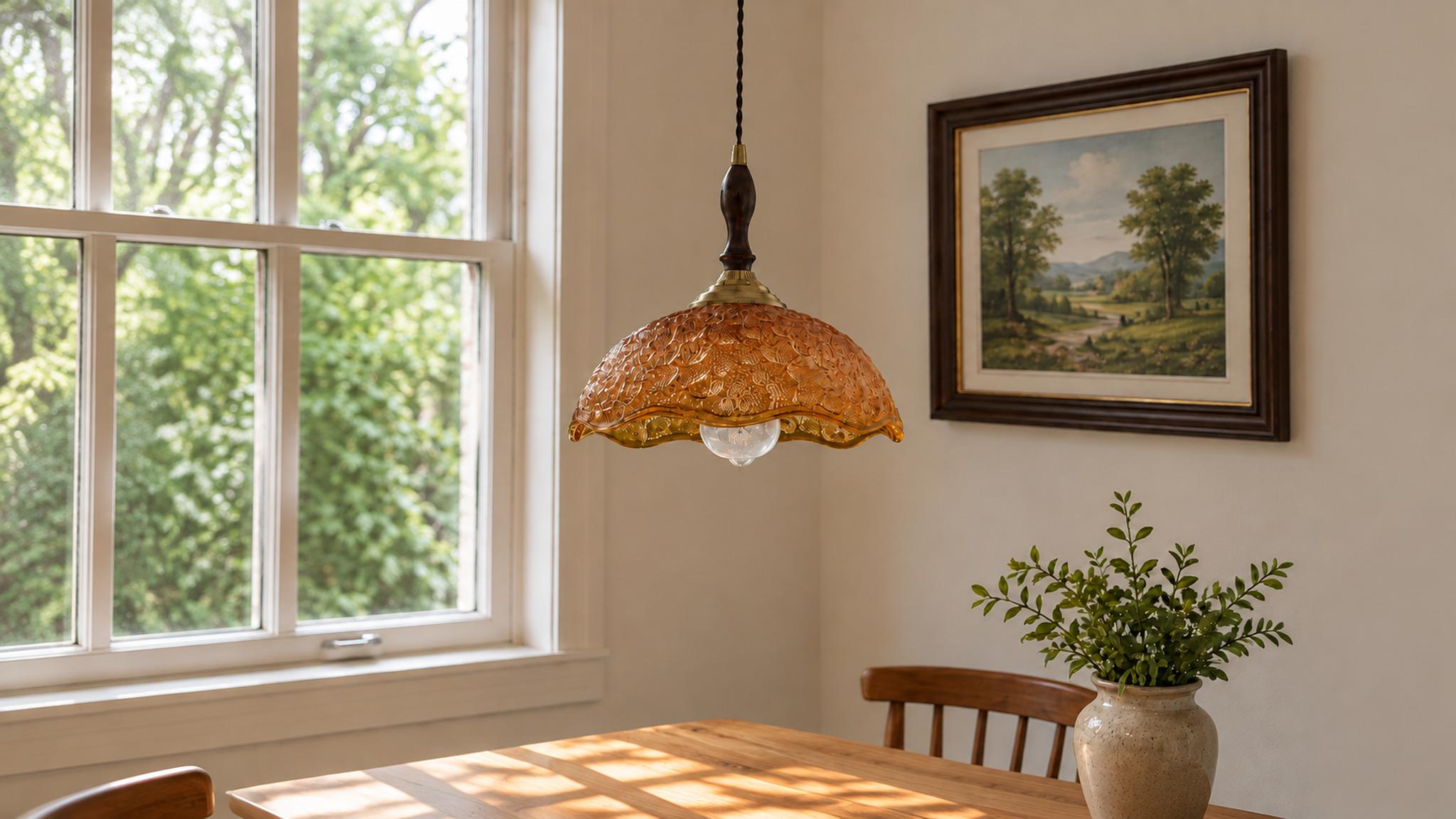 Amber dining nook, day, lamp off