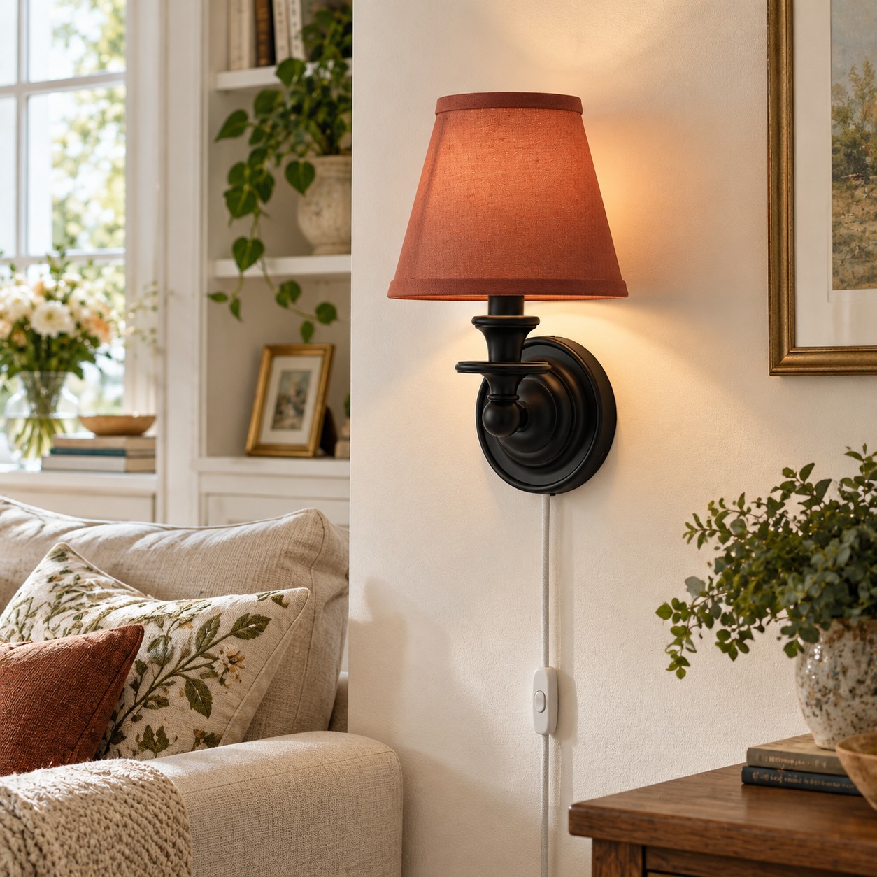 Sconce da parete Rowan senza fili con paralume piatto a tamburo - Lampada da parete in tessuto plug-in