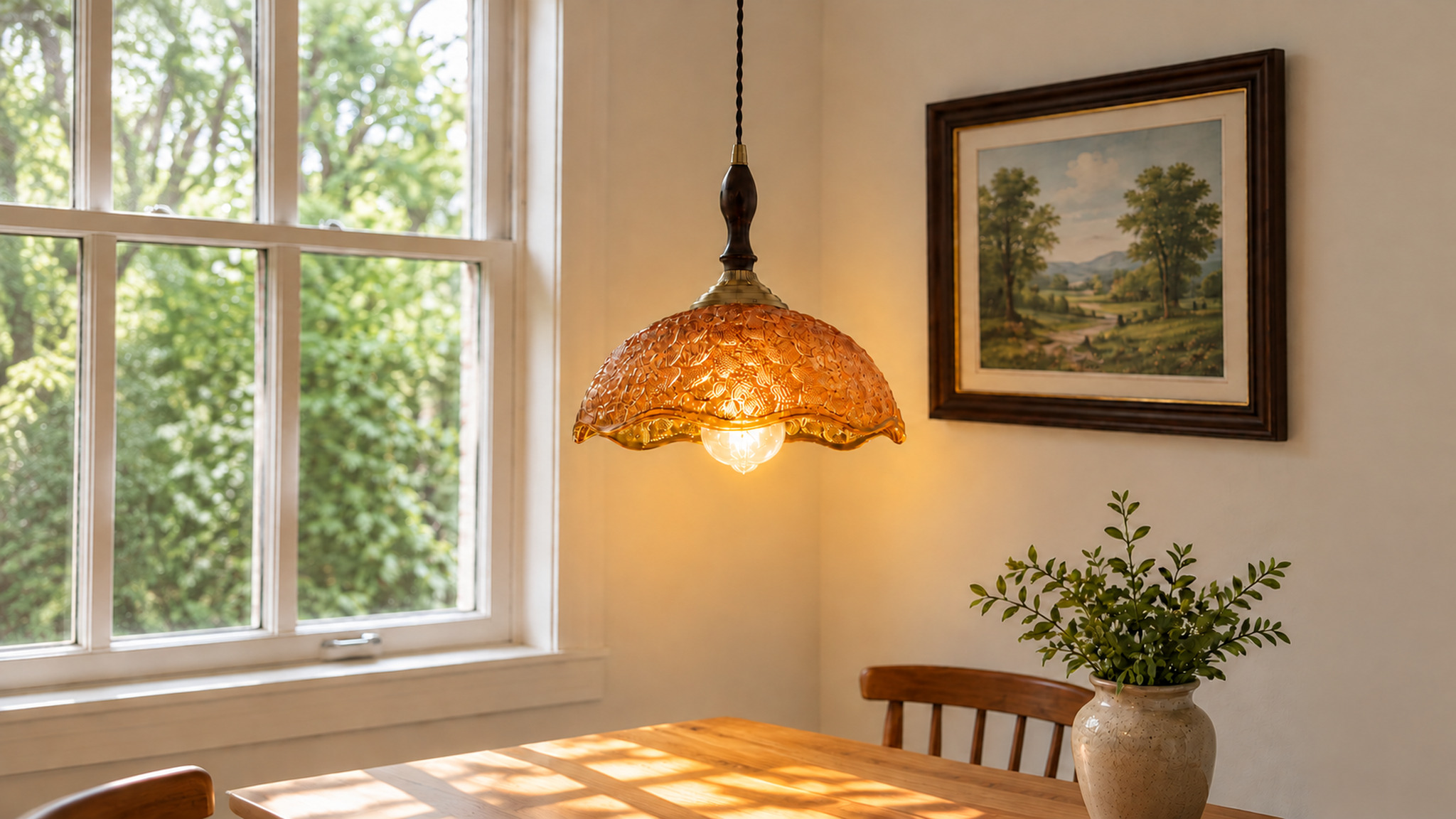 Amber dining nook, day, lamp on