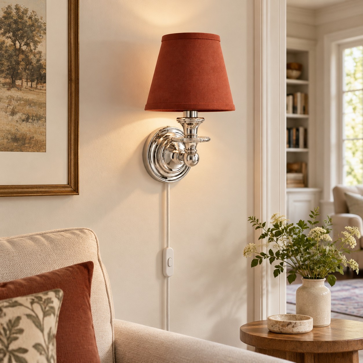 Sconce da parete Rowan senza fili con paralume piatto a tamburo - Lampada da parete in tessuto plug-in
