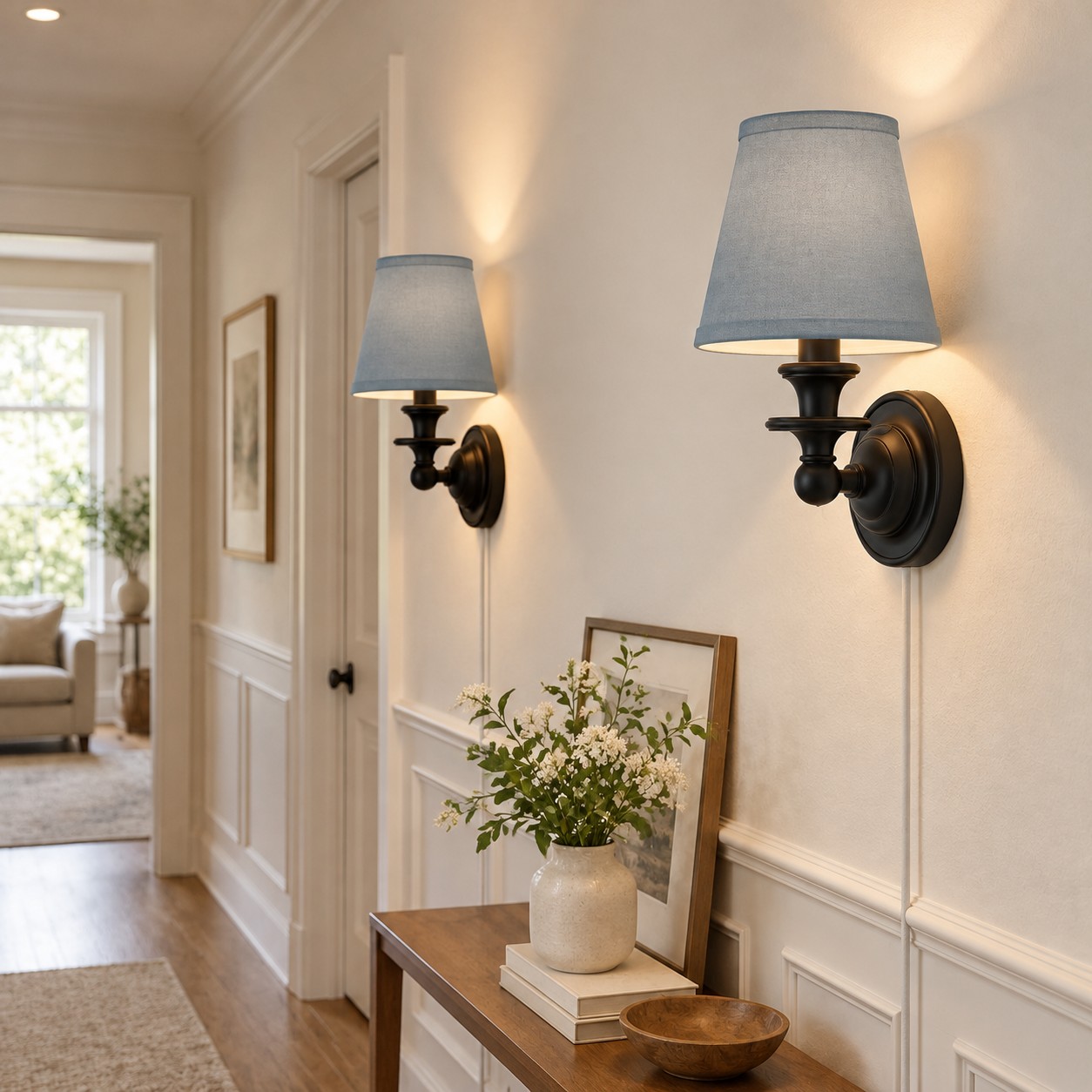 Sconce da parete Rowan senza fili con paralume piatto a tamburo - Lampada da parete in tessuto plug-in