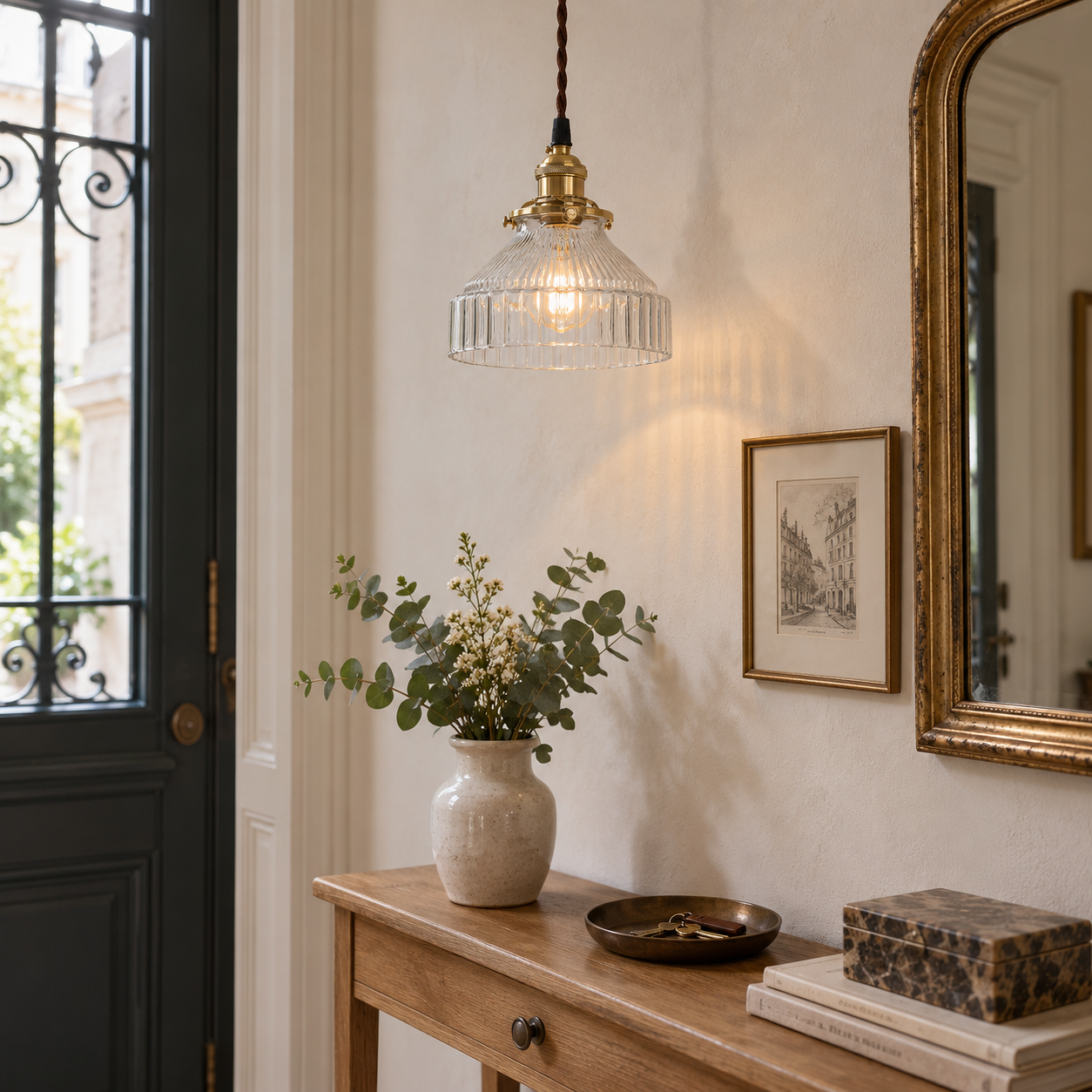 Transparent ribbed glass and brass pendant in an entry