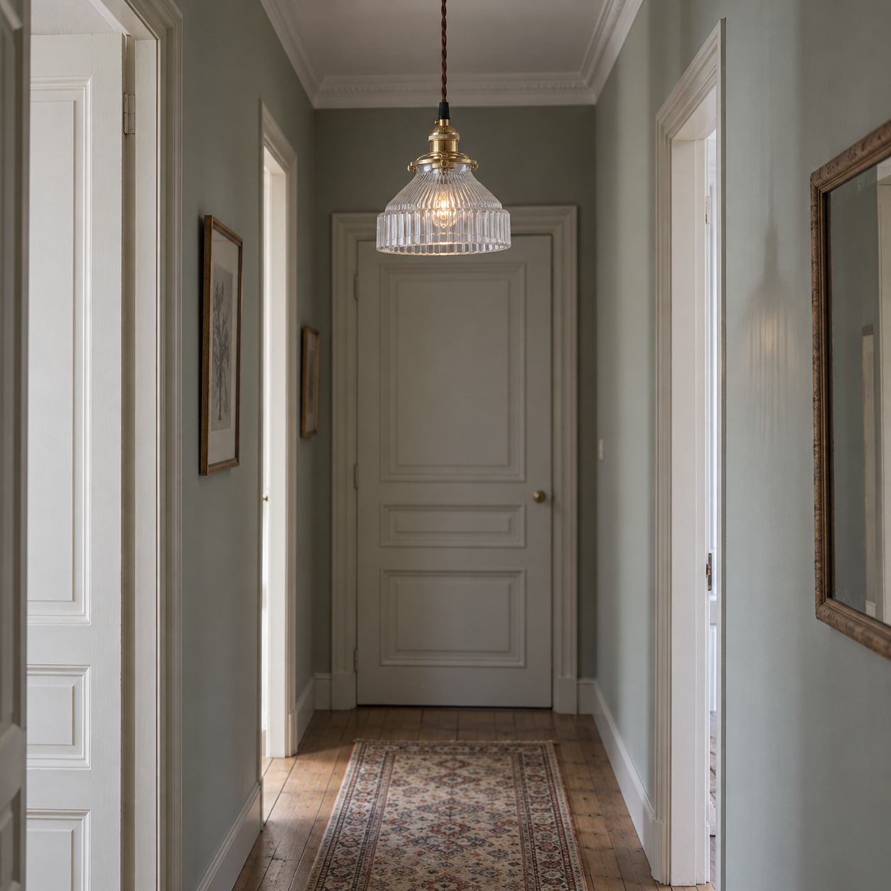 Transparent ribbed glass and brass pendant in a hallway