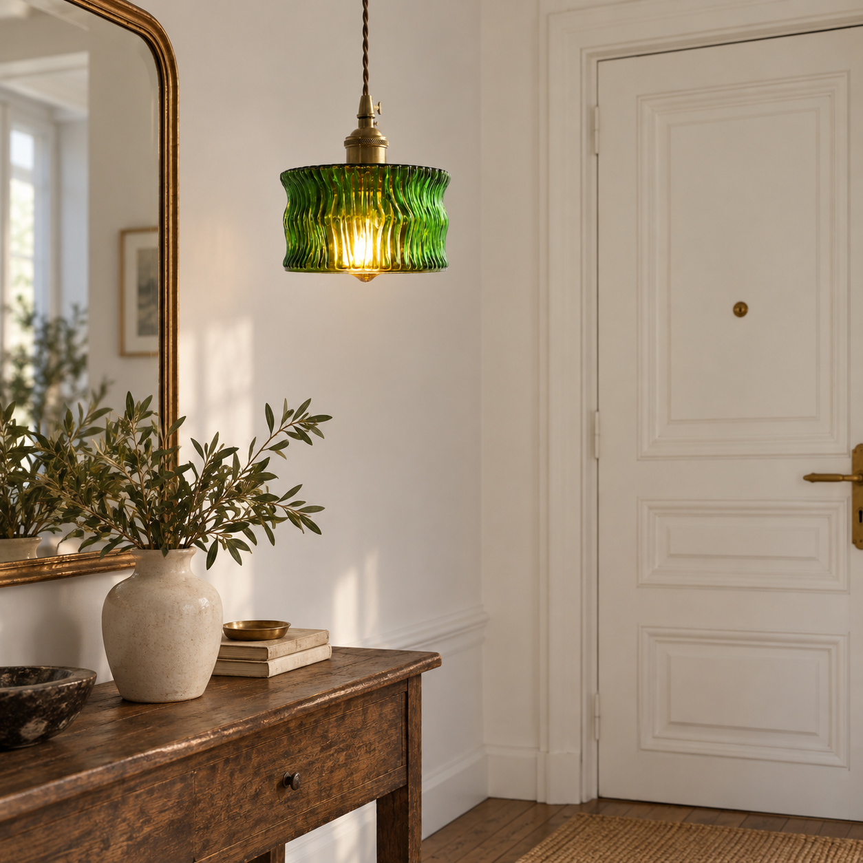 Green ripple glass pendant in an apartment entry