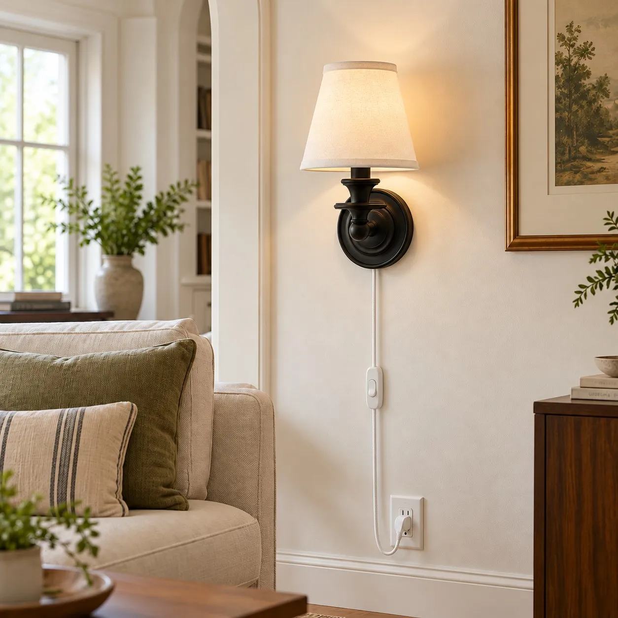 Sconce da parete Rowan senza fili con paralume piatto a tamburo - Lampada da parete in tessuto plug-in