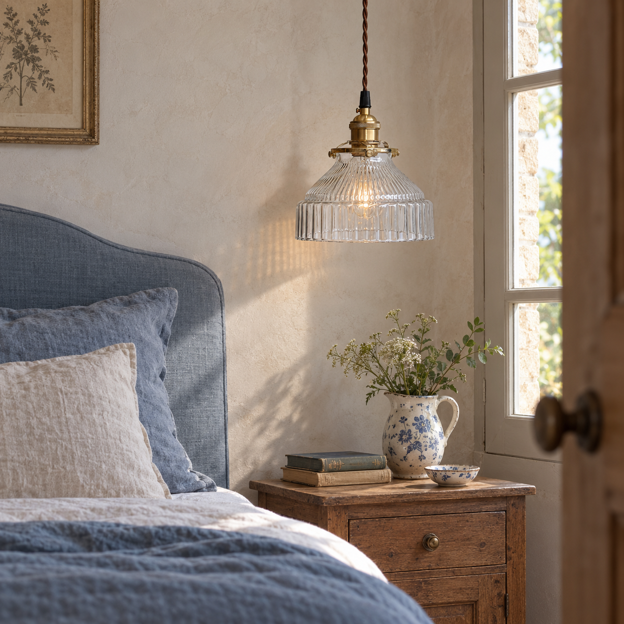 Transparent ribbed glass and brass pendant in a guest room
