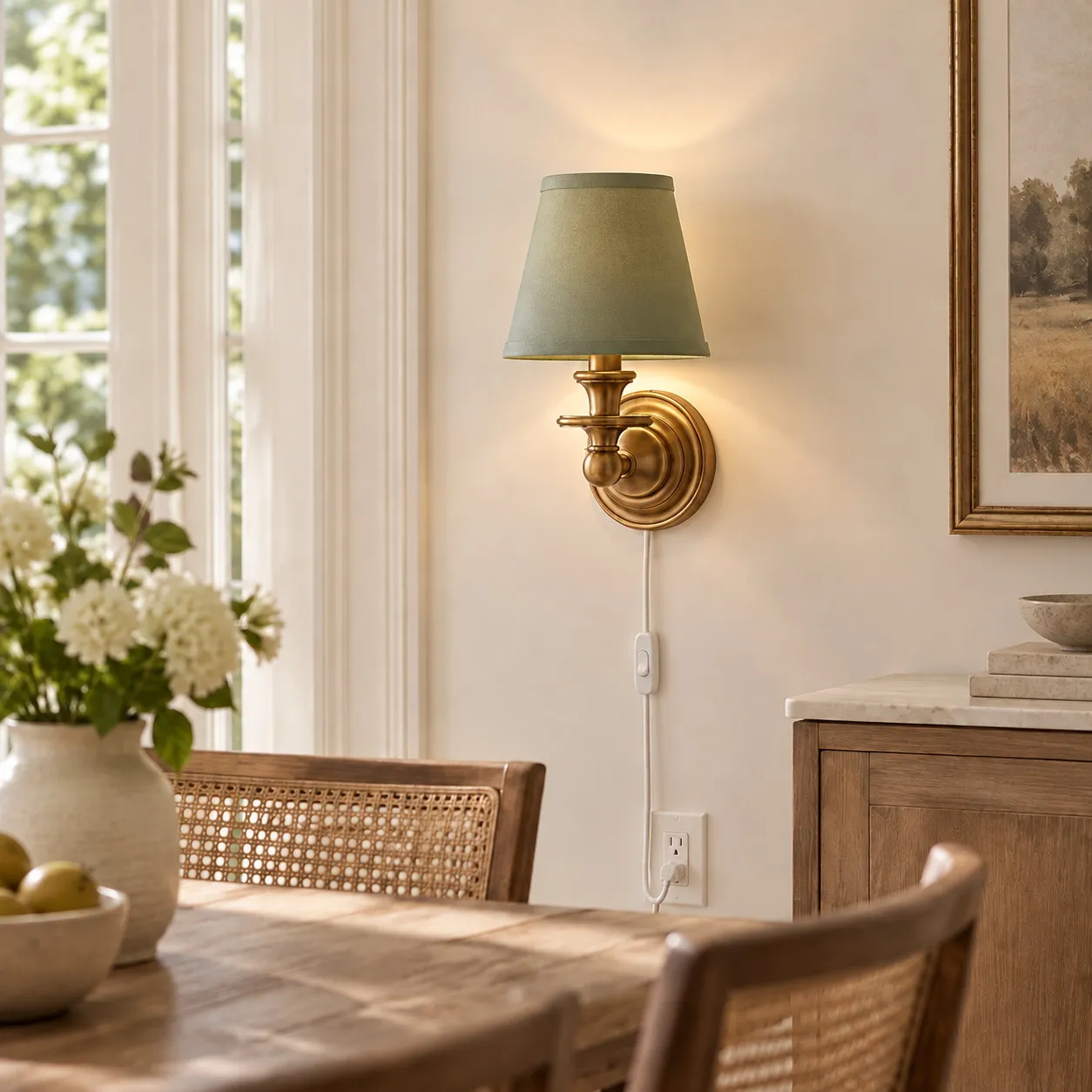 Sconce da parete Rowan senza fili con paralume piatto a tamburo - Lampada da parete in tessuto plug-in