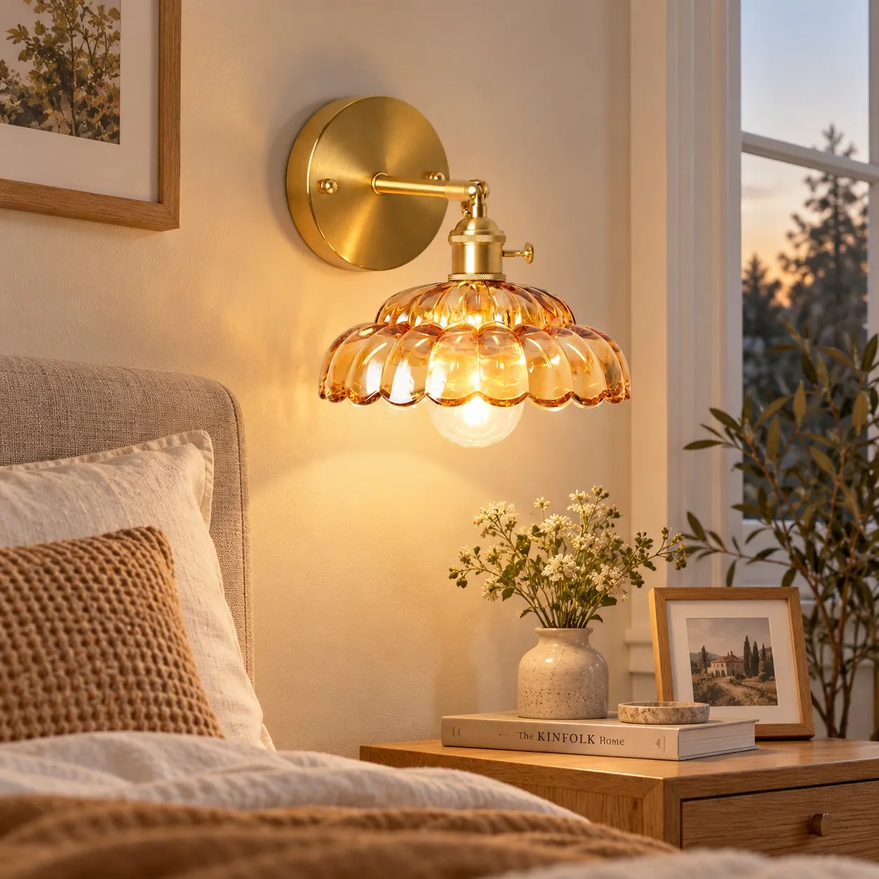 Vintage Brass Puff-Skirt Glass Wall Lamp