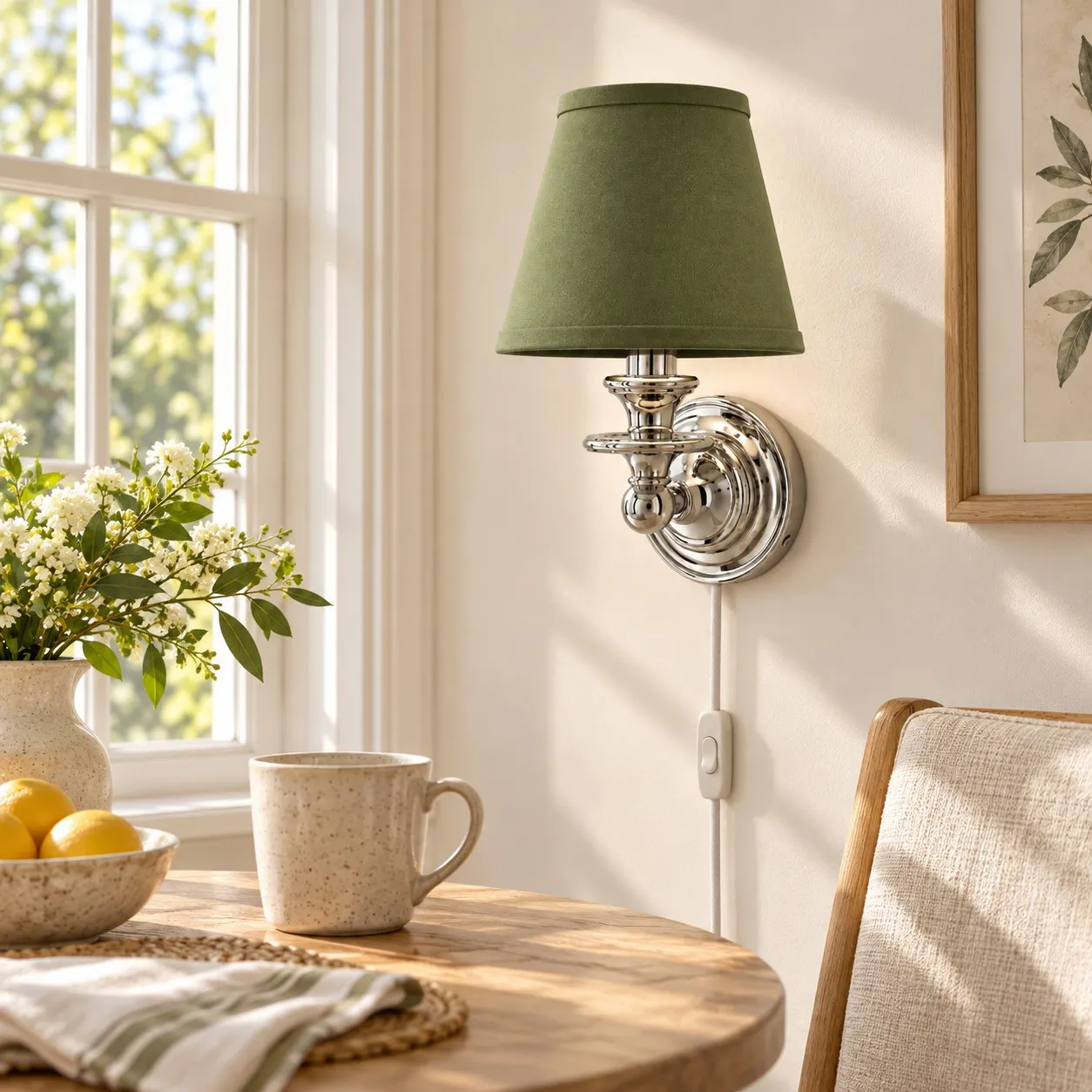 Sconce da parete Rowan senza fili con paralume piatto a tamburo - Lampada da parete in tessuto plug-in
