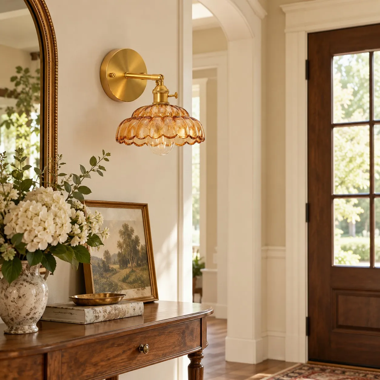Vintage Brass Puff-Skirt Glass Wall Lamp