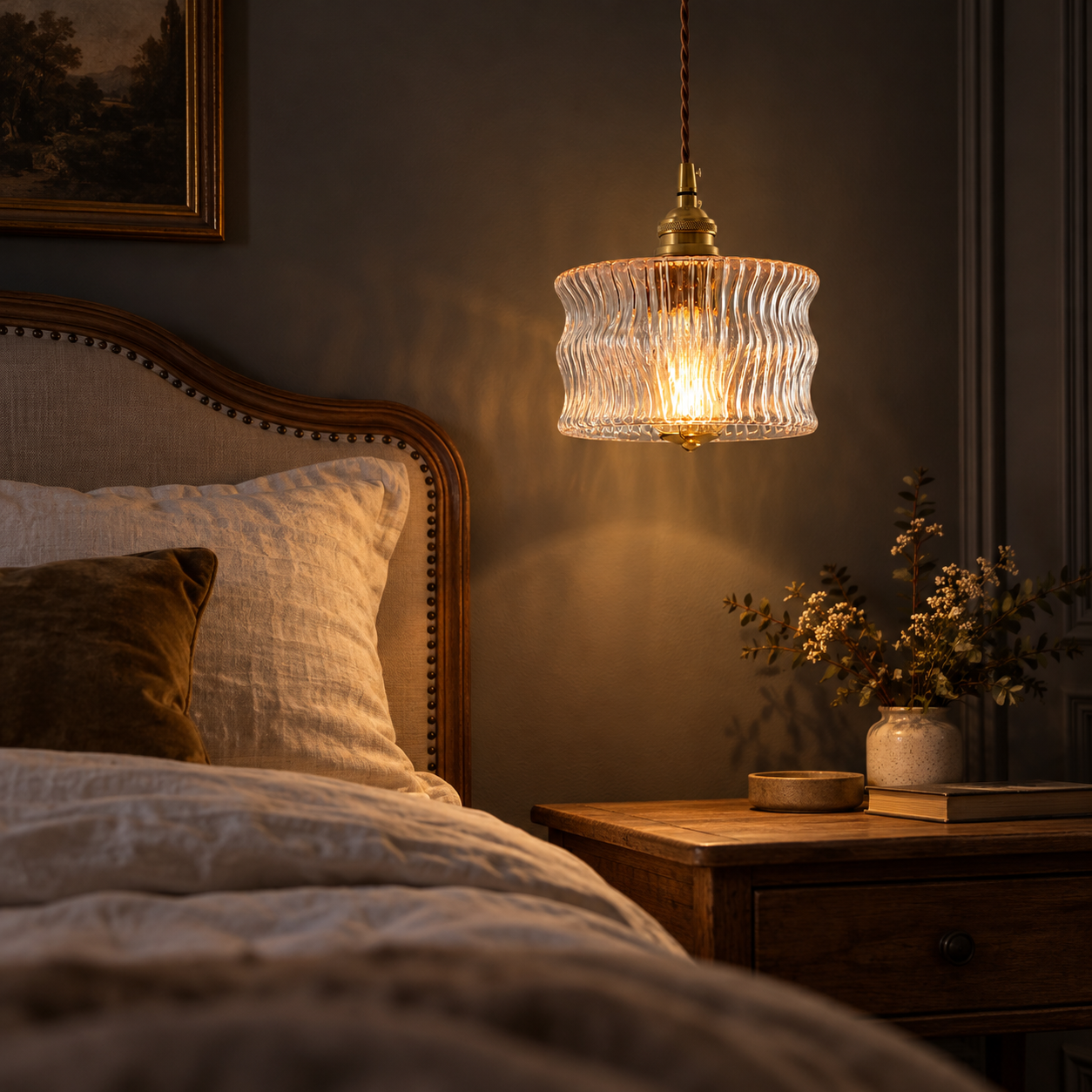 Clear ripple glass pendant beside a bed