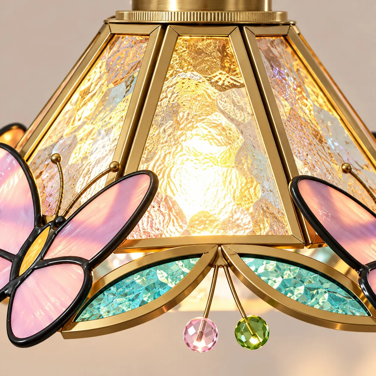 Lampadario a sospensione in vetro con motivo floreale rosa