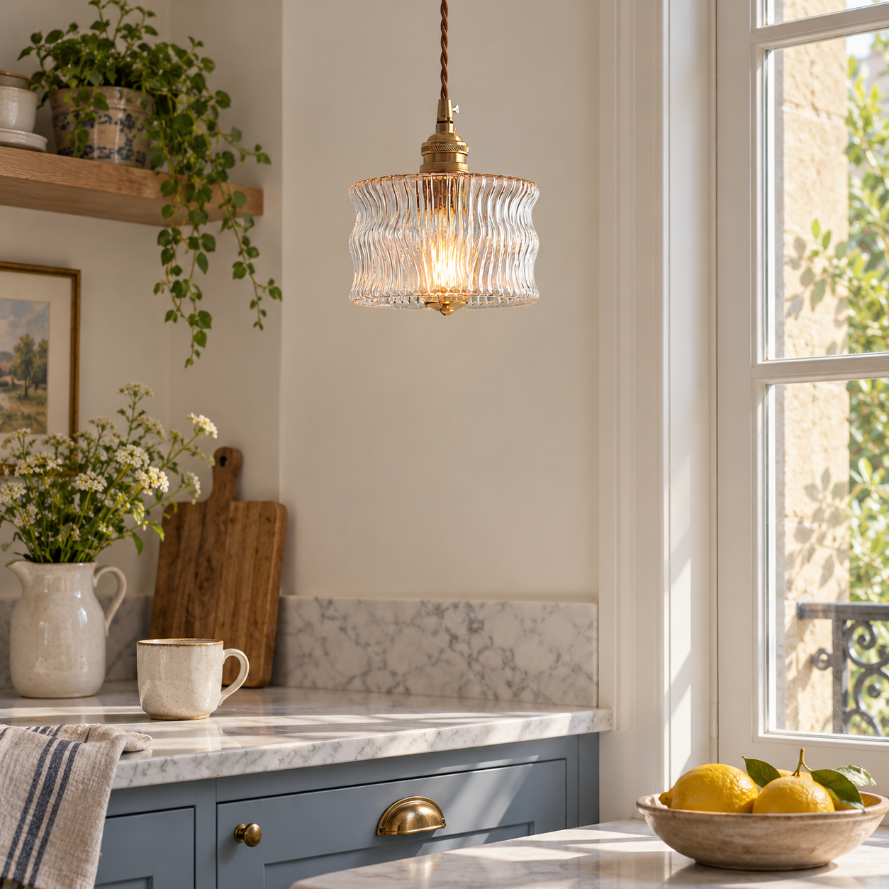 Clear ripple glass pendant over a kitchen counter