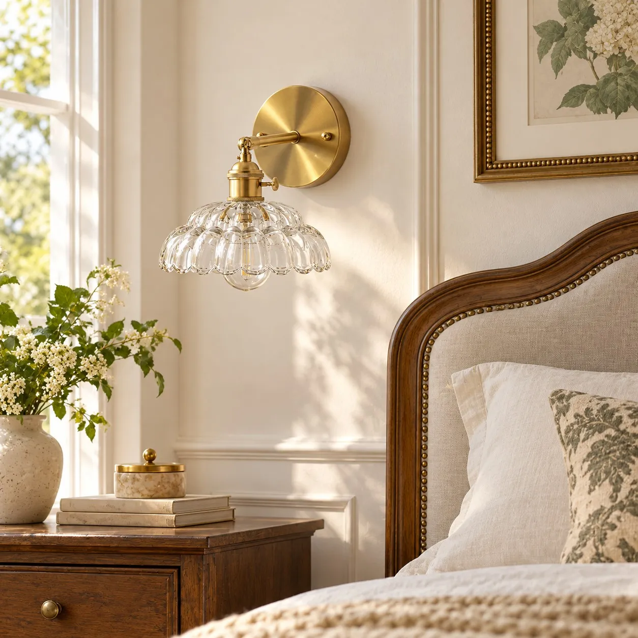 Vintage Brass Puff-Skirt Glass Wall Lamp