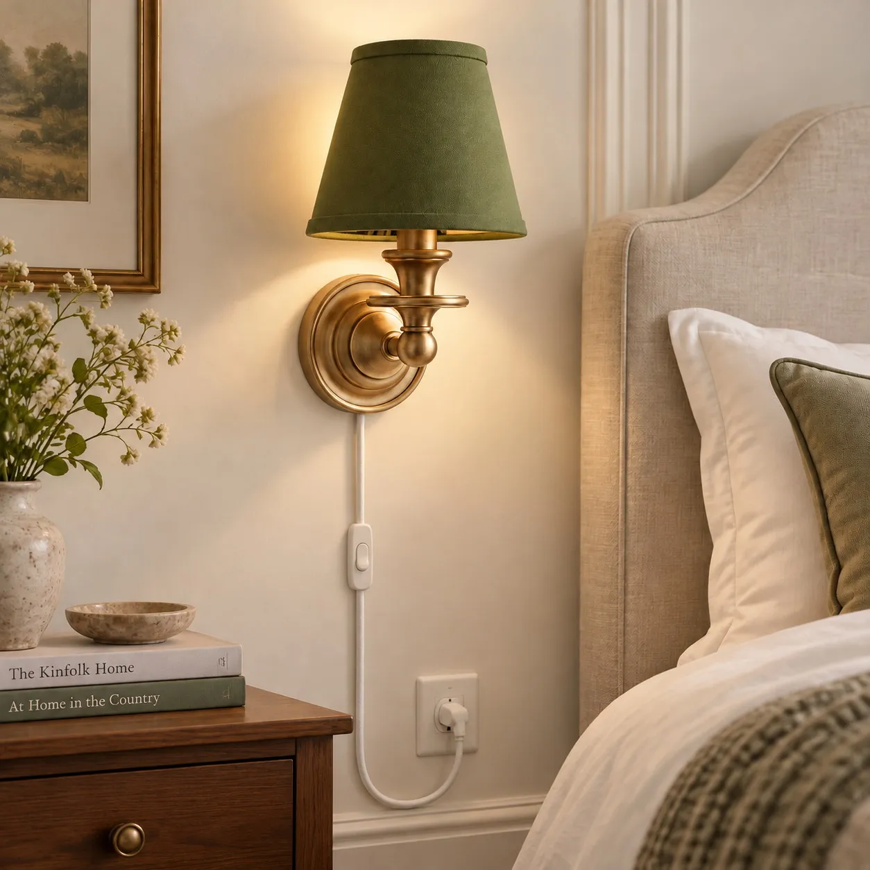 Sconce da parete Rowan senza fili con paralume piatto a tamburo - Lampada da parete in tessuto plug-in