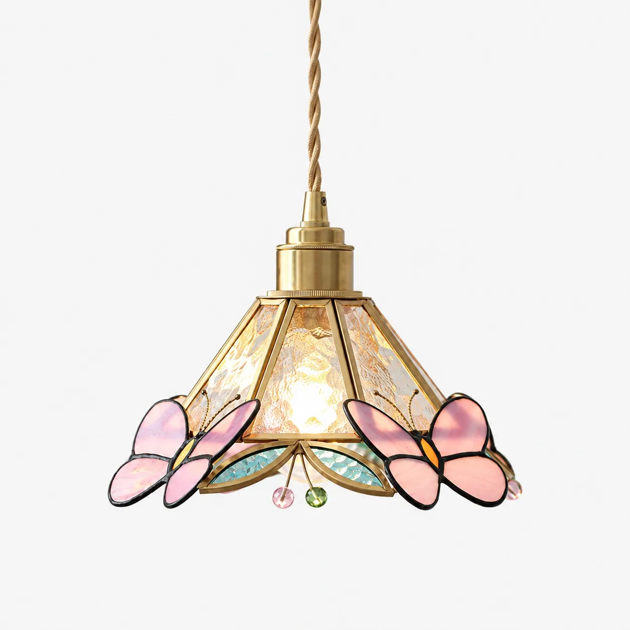Lampadario a sospensione in vetro con motivo floreale rosa