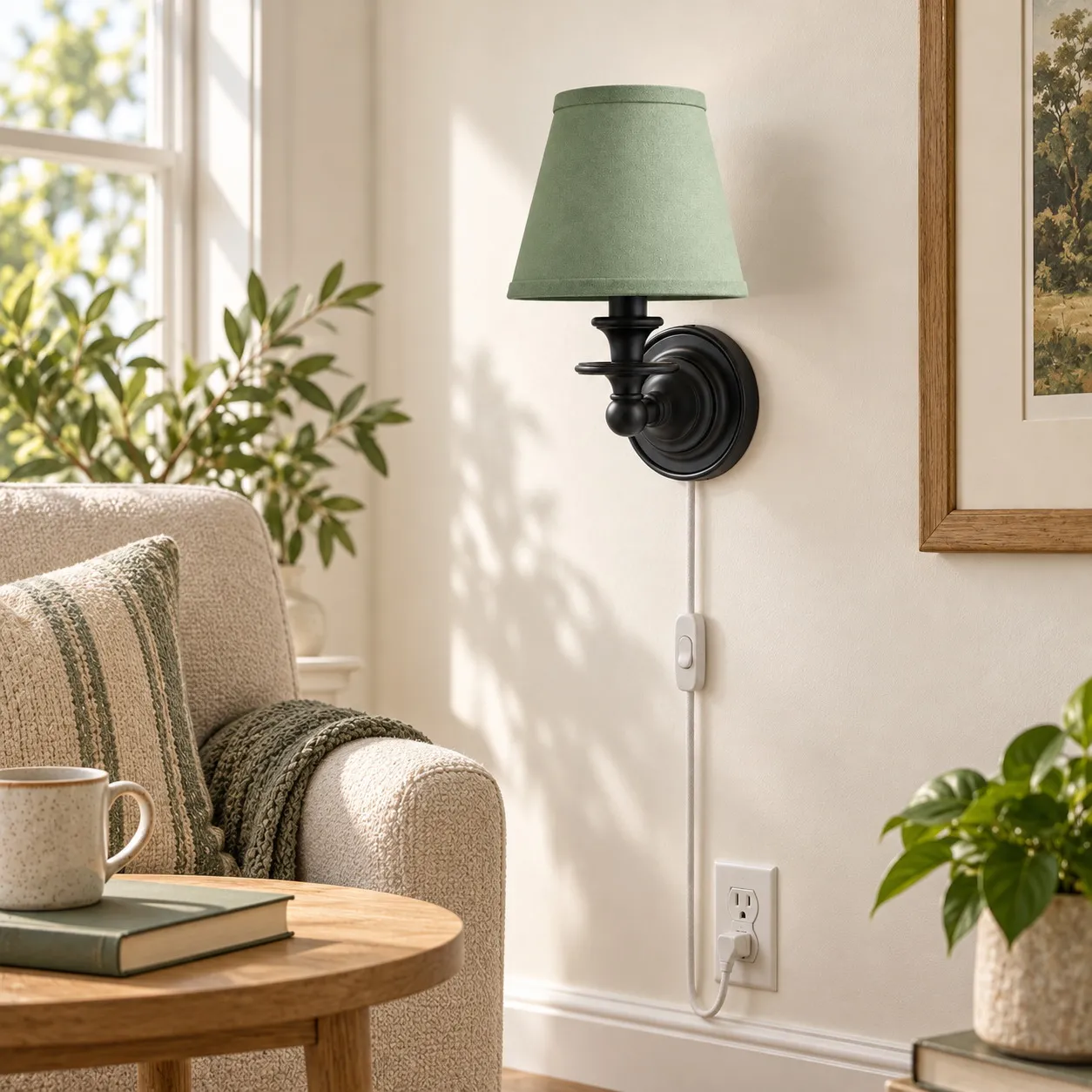 Sconce da parete Rowan senza fili con paralume piatto a tamburo - Lampada da parete in tessuto plug-in