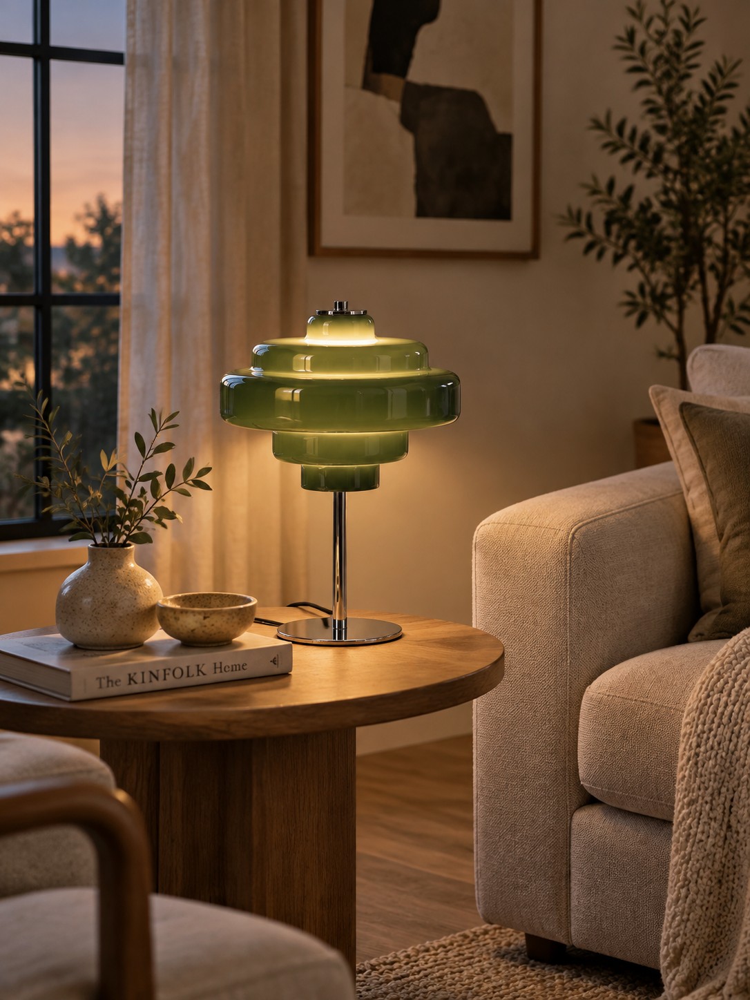 Lampe de table en verre vert Koloro sur une table d'appoint du salon