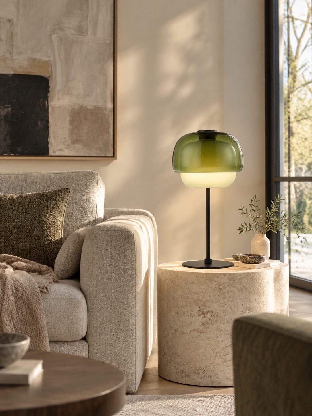 Lampe Périclès gris-vert sur une table d'appoint de salon