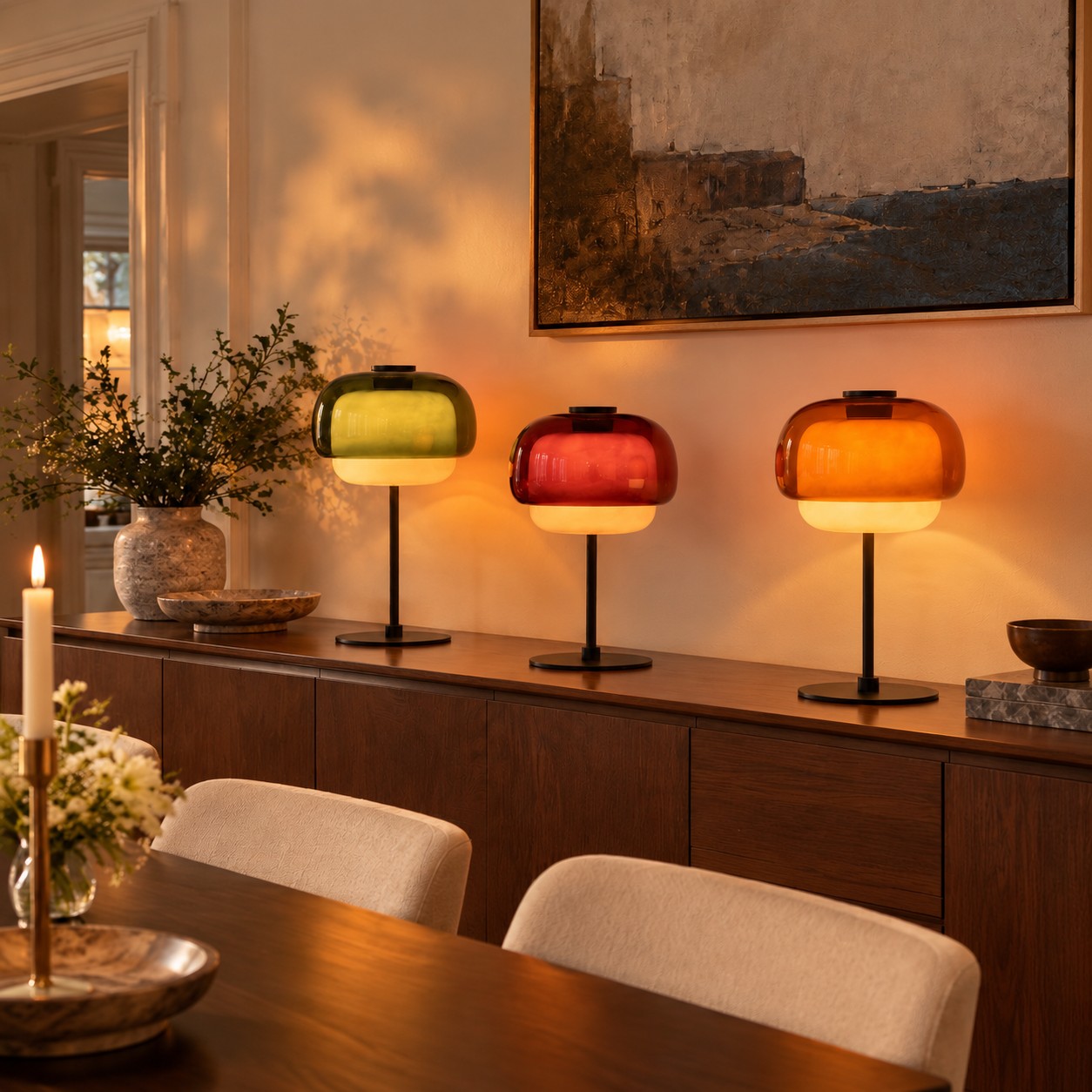 Lampe de table en verre color&eacute; P&eacute;ricl&egrave;s &ndash; Double d&ocirc;me embo&icirc;t&eacute;, tige noire fine, quatre tons