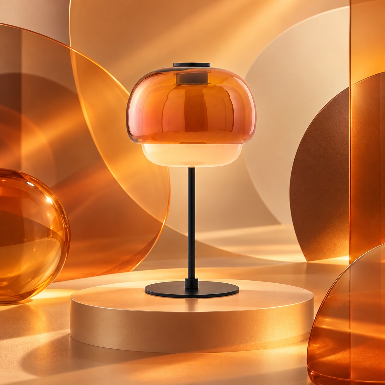 Lampe de table en verre orange à double dôme sur un ensemble d'art ambré