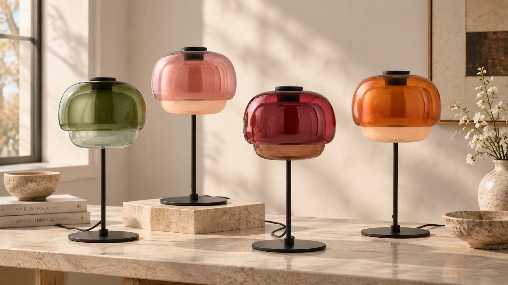 Bannière conceptuelle pour lampe de table sphérique en verre coloré Périclès