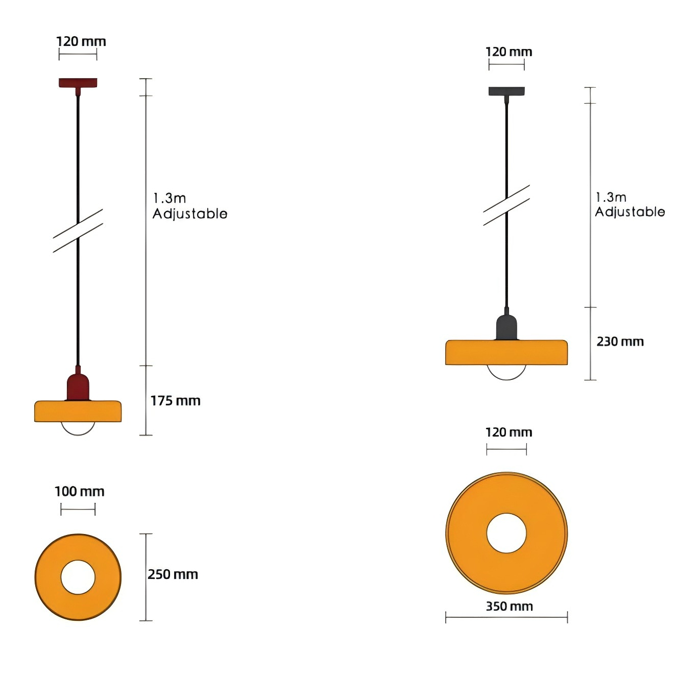 Diagramme des tailles des pendentifs en verre sphériques Morandi : diamètre 25 cm et diamètre 35 cm