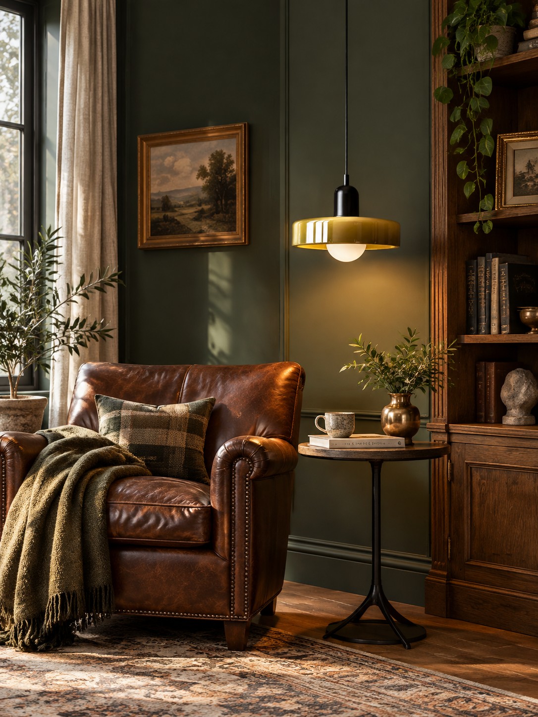 Pendentif en verre Morandi au-dessus d'un fauteuil de lecture en cuir