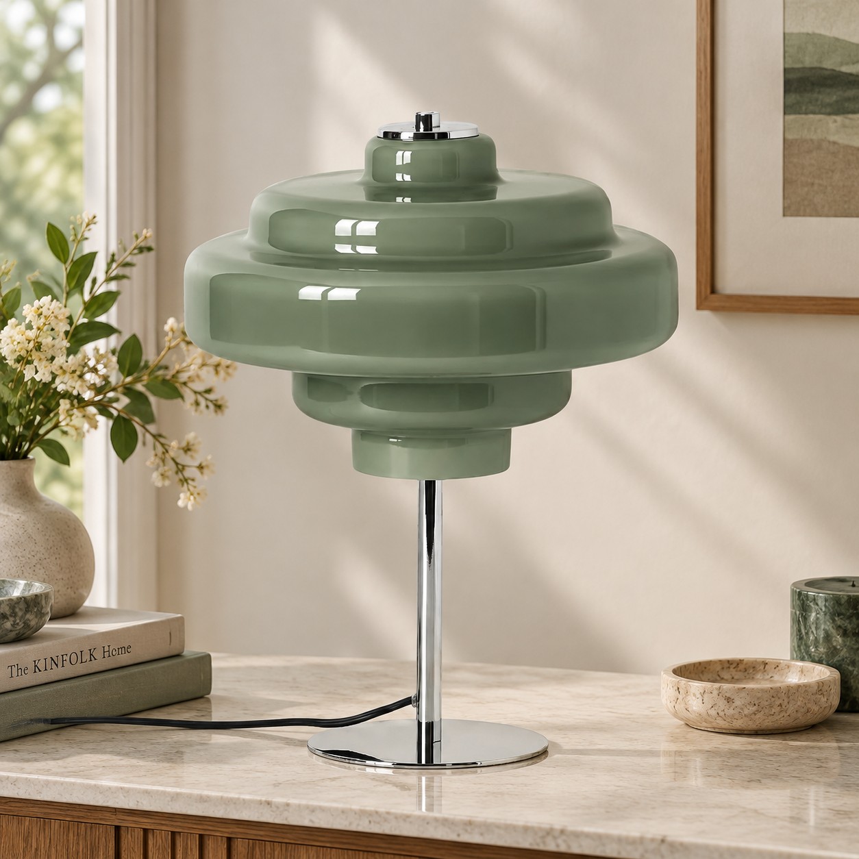 Lampe de table r&eacute;tro Koloro &agrave; plusieurs niveaux en verre avec base chrom&eacute;e, id&eacute;ale pour table de chevet et salon, 30 cm (11,8 po)