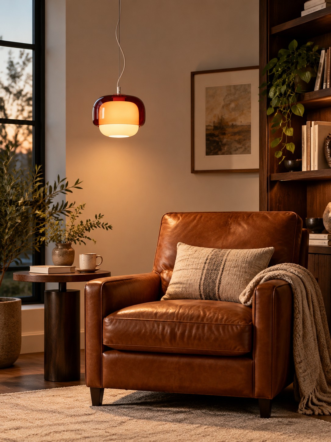Amber Pericles glass pendant over leather reading chair
