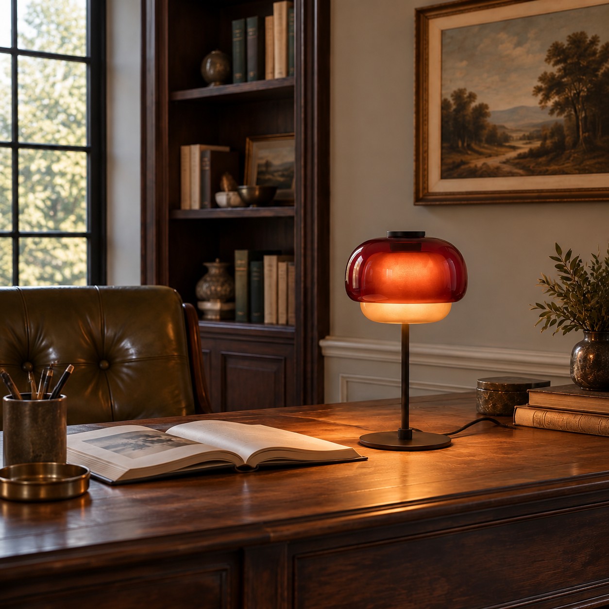Lampe de table en verre color&eacute; P&eacute;ricl&egrave;s &ndash; Double d&ocirc;me embo&icirc;t&eacute;, tige noire fine, quatre tons