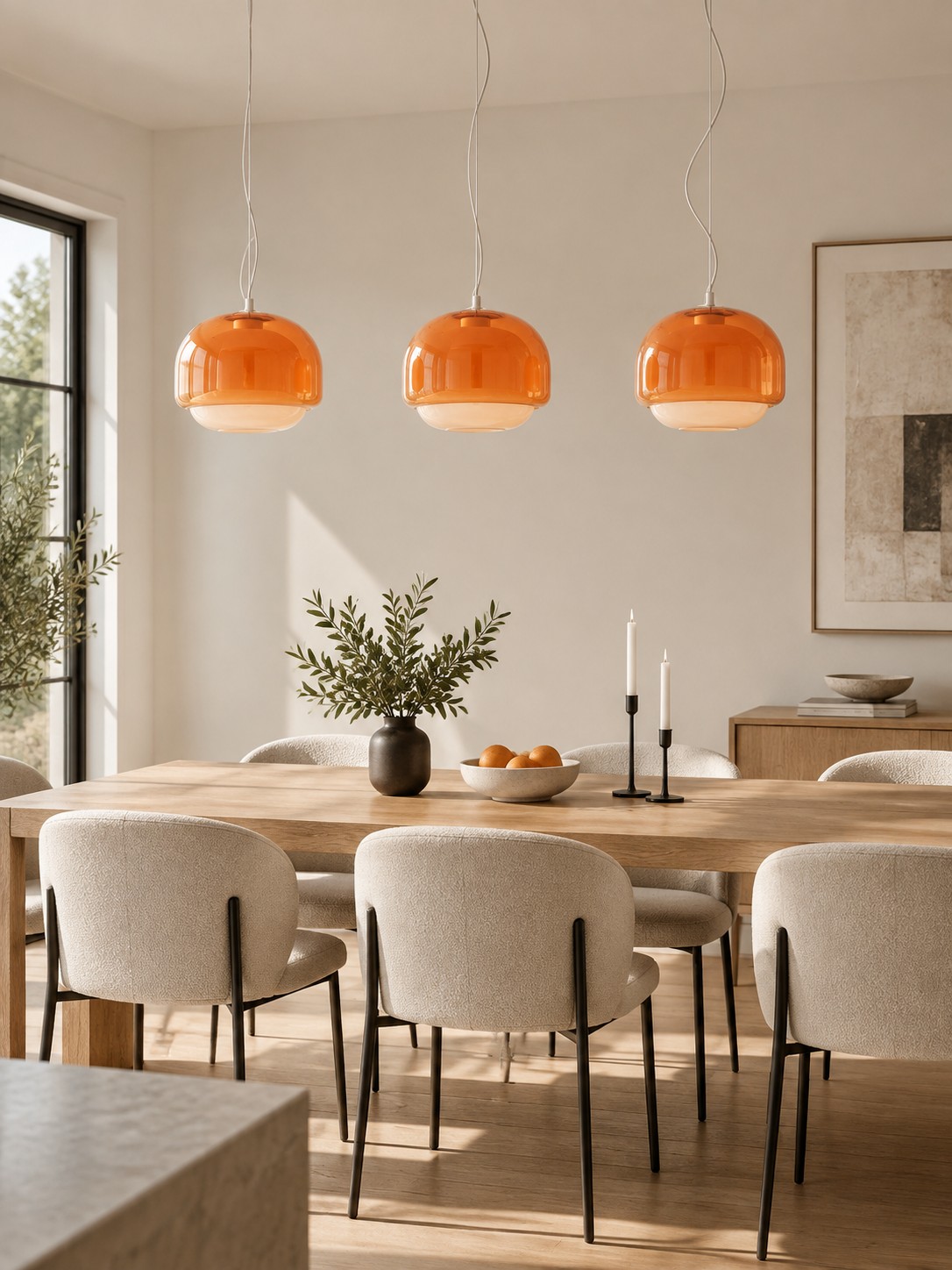 Orange Pericles glass pendants over wood dining table