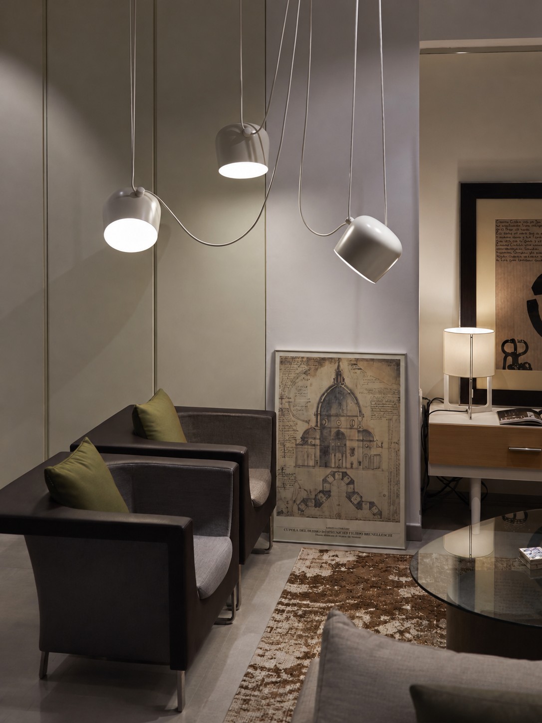White multi-head pendant in modern lounge